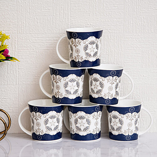 Femora Bone China Tea Cup Set - Handcrafted Ceramic,Chip Resistant, Small Serving, Blue, 150 ml (Set of 6) 
