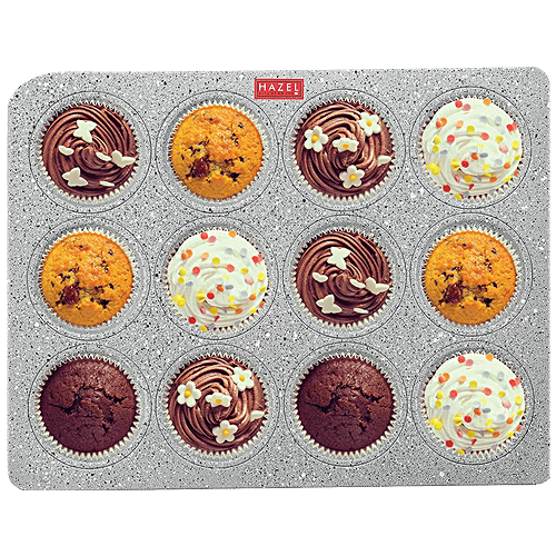 Hazel Aluminium Cupcake/Muffin Mould - Mini Crown, Microwave Safe, 12 Cavities, Granite Finish, Home & Bakery, Grey, 1 pc  