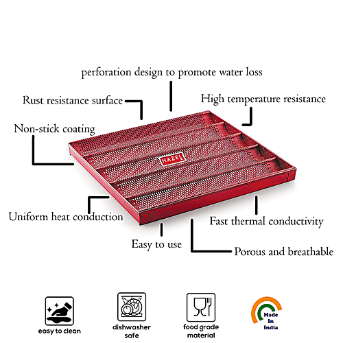Hazel Long French Bread Tray - Heavy Gauge, Aluminized Steel, Non Stick, For Baguettes, Red, 1 pc  