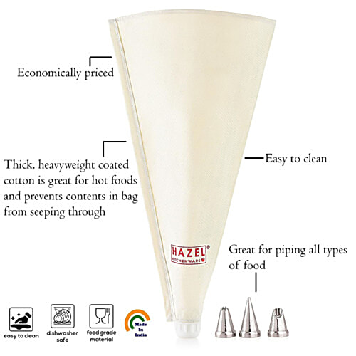 Hazel Piping Bags With Nozzles Set - Reusable, For Cake,Muffins Decoration, Small, White, 4 pcs  
