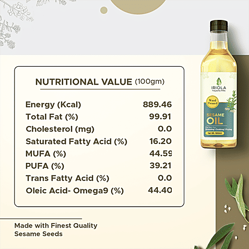 Iriola Nayesha Mills Sesame Oil - Wood Pressed, For Dressing, Cooking, Frying, 500 ml  