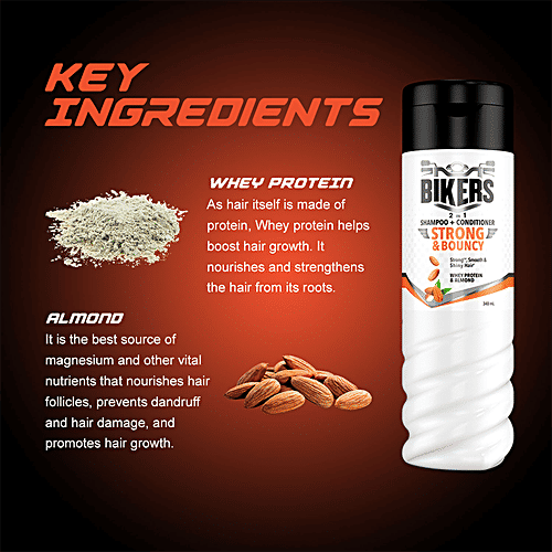 Biker's Strong & Bouncy 2-In-1 Shampoo + Conditioner - With Whey Protein & Almond, For Strong, Smooth & Shiny Hair, For Men, 180 ml