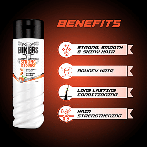 Biker's Strong & Bouncy 2-In-1 Shampoo + Conditioner - With Whey Protein & Almond, For Strong, Smooth & Shiny Hair, For Men, 180 ml