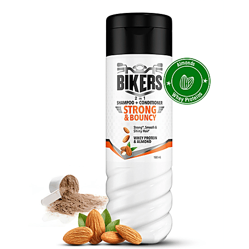Biker's Strong & Bouncy 2-In-1 Shampoo + Conditioner - With Whey Protein & Almond, For Strong, Smooth & Shiny Hair, For Men, 180 ml
