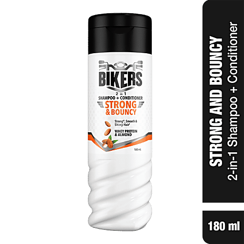 Biker's Strong & Bouncy 2-In-1 Shampoo + Conditioner - With Whey Protein & Almond, For Strong, Smooth & Shiny Hair, For Men, 180 ml