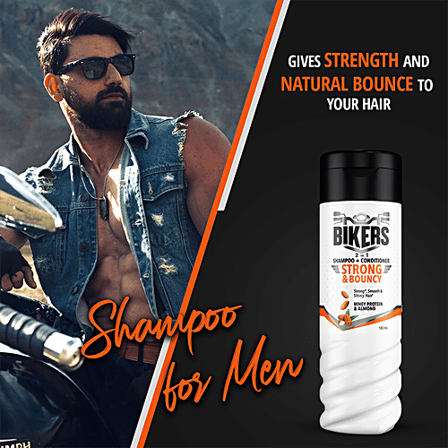 Biker's Strong & Bouncy 2-In-1 Shampoo + Conditioner - With Whey Protein & Almond, For Strong, Smooth & Shiny Hair, For Men, 340 ml