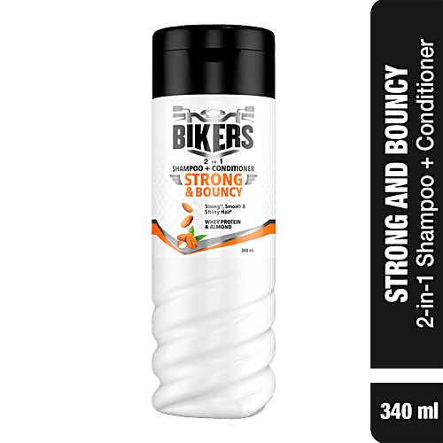 Biker's Strong & Bouncy 2-In-1 Shampoo + Conditioner - With Whey Protein & Almond, For Strong, Smooth & Shiny Hair, For Men, 340 ml