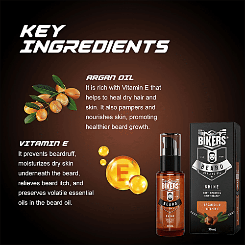 Biker's All New Beard Styling Oil - Shiny Look, With Argan Oil & Vitamin E, For Soft, Smooth & Shiny Looking Beard, 30 ml  
