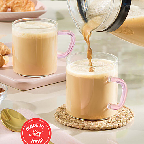 Borosil Vision Tea-N-Coffee Mug Set - Glass, Pink Handle, Microwave Safe, 190 ml ( Set of 6)