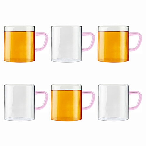 Borosil Vision Tea-N-Coffee Mug Set - Glass, Pink Handle, Microwave Safe, 190 ml ( Set of 6)
