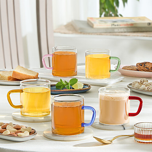 Borosil Vision Tea-N-Coffee Mug Set - Glass, Pink Handle, Microwave Safe, 190 ml ( Set of 6)