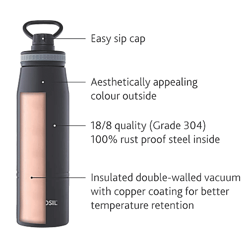 Borosil Gosports Hot & Cold Stainless Steel Flask/Bottle - Rustproof, Black, 600 ml (1 pc) 