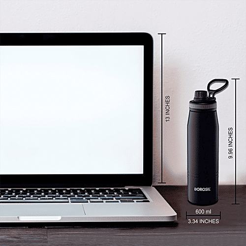 Borosil Gosports Hot & Cold Stainless Steel Flask/Bottle - Rustproof, Black, 600 ml (1 pc) 