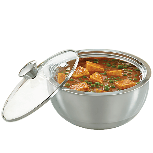 Borosil Stainless Steel Curry Server - Double-Walled, Insulated, For Gravies & Dals, Silver, 500 ml (1 pc) 