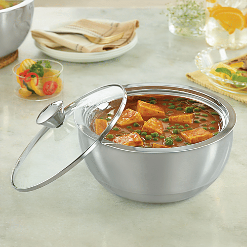 Borosil Stainless Steel Curry Server - Double-Walled, Insulated, For Gravies & Dals, Silver, 500 ml (1 pc) 