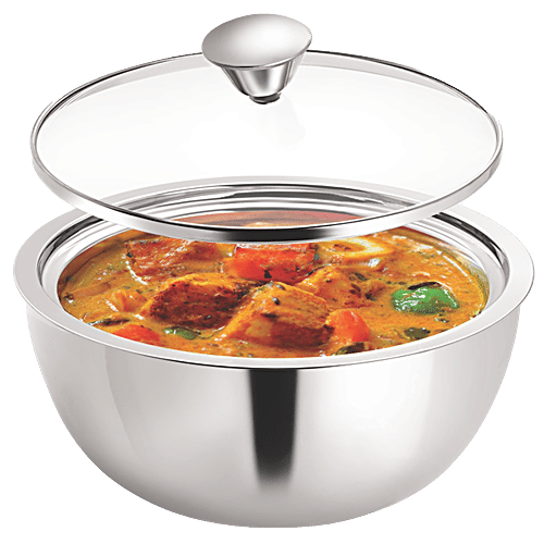 Borosil Stainless Steel Curry Server - Double-Walled, Insulated, For Gravies & Dals, Silver, 500 ml (1 pc) 