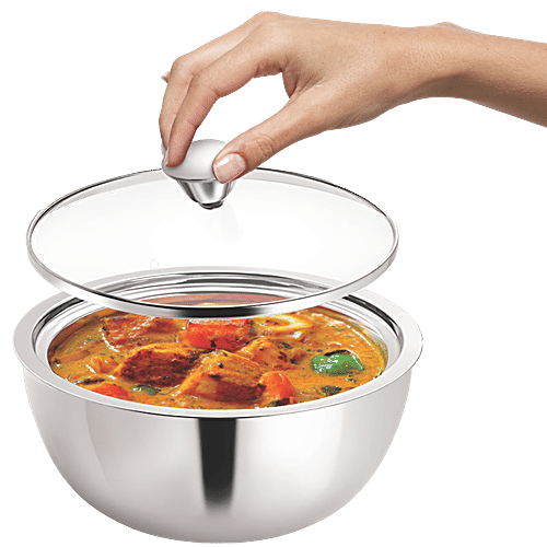 Borosil Stainless Steel Curry Server - Double-Walled, Insulated, For Gravies & Dals, Silver, 500 ml (1 pc) 