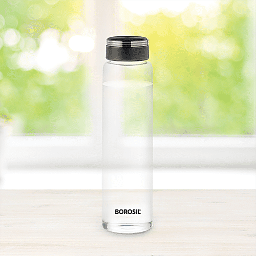 Borosil Crysto Deco icate Glass Water Bottle with Black Lid, 1 pc  