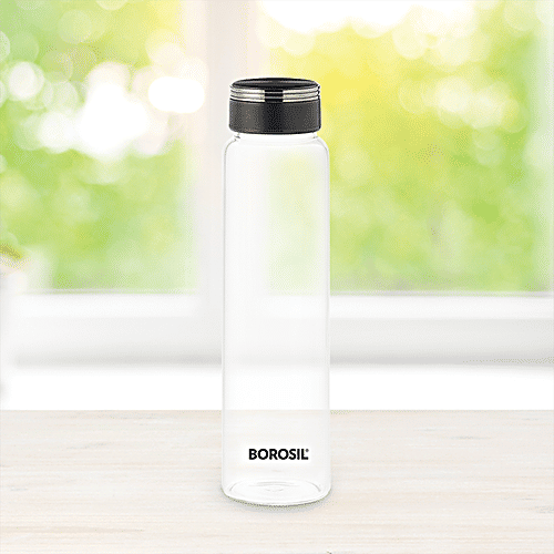 Borosil Crysto Deco icate Glass Water Bottle with Black Lid, 1 pc  