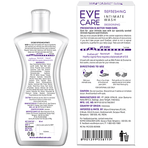 EveCare Refreshing Intimate Wash For Women - Cleansing & Deodorizing, Prevents Odour, 90 ml  