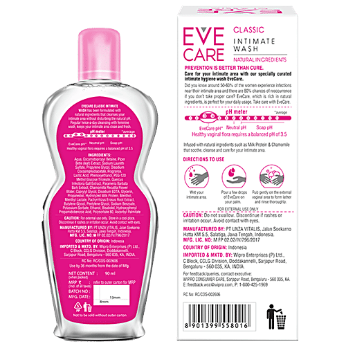 EveCare Classic Intimate Wash For Women - Naturally pH Balanced, Paraben Free, 90 ml