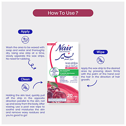 Nair  Hair Remover Wax Strips - Cherry Extract, Removes Very Short Hair, For Sensitive Skin, 20 pcs  