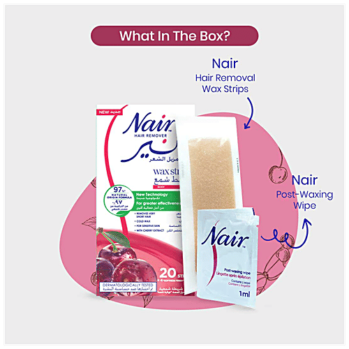 Nair  Hair Remover Wax Strips - Cherry Extract, Removes Very Short Hair, For Sensitive Skin, 20 pcs  