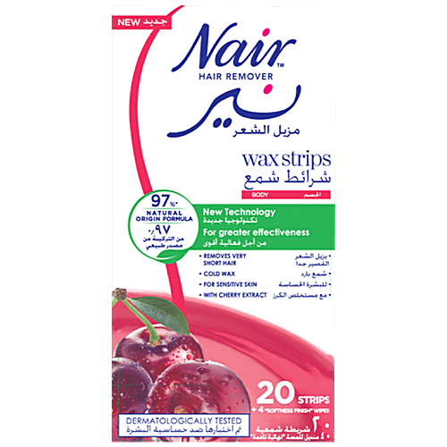 Nair  Hair Remover Wax Strips - Cherry Extract, Removes Very Short Hair, For Sensitive Skin, 20 pcs  