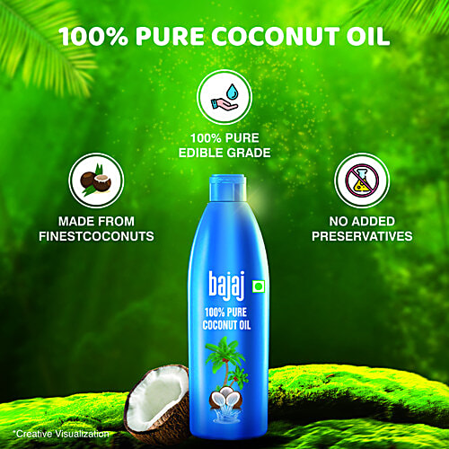 Bajaj 100% Pure Coconut Oil - Edible Grade, Fresh Aroma, No Preservatives, 600 ml Bottle 