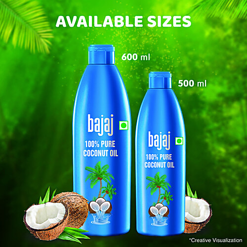 Bajaj 100% Pure Coconut Oil - Edible Grade, Fresh Aroma, No Preservatives, 600 ml Bottle 