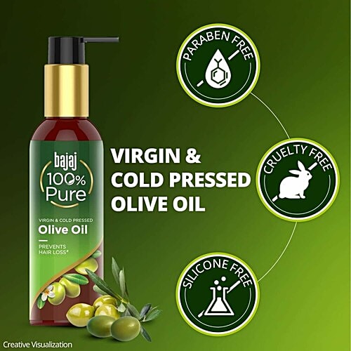 Bajaj 100% Pure Olive Oil - Virgin & Cold Pressed, Prevents Hair Loss, No Parabens, 200 ml Bottle 