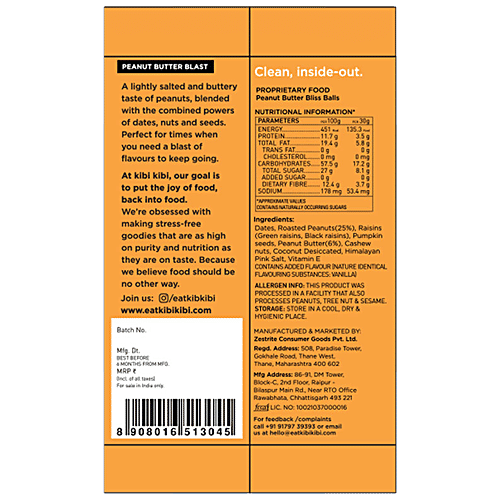 Kibi Kibi Bliss Balls - Nuts, Seeds & Dry Fruits, No Added Sugar, Gluten Free, Peanut Butter Blast, 30 g Pouch 