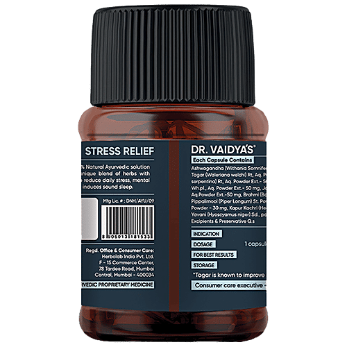 Dr. Vaidyas Stress Relief Capsules - Ayurvedic, Non Addictive, Helps Combat Anxiety & Promotes Sound Sleep, 30 pcs  