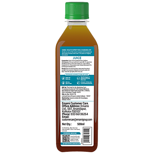 Zandu Detox Juice - Wheatgrass & Amla, Vegetarian, Helps Delay Ageing Process, Purifies Blood, 500 ml Bottle 