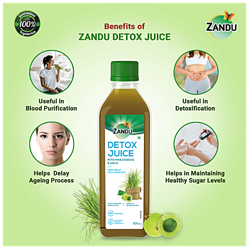 Zandu Detox Juice - Wheatgrass & Amla, Vegetarian, Helps Delay Ageing Process, Purifies Blood, 500 ml Bottle 