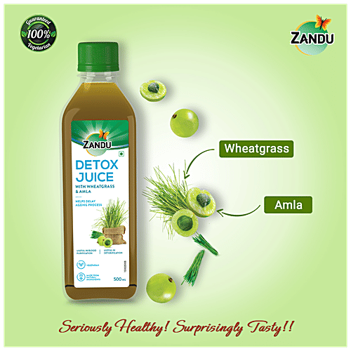 Zandu Detox Juice - Wheatgrass & Amla, Vegetarian, Helps Delay Ageing Process, Purifies Blood, 500 ml Bottle 