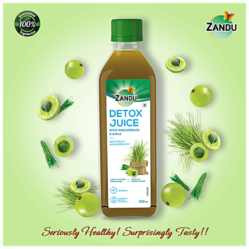 Zandu Detox Juice - Wheatgrass & Amla, Vegetarian, Helps Delay Ageing Process, Purifies Blood, 500 ml Bottle 
