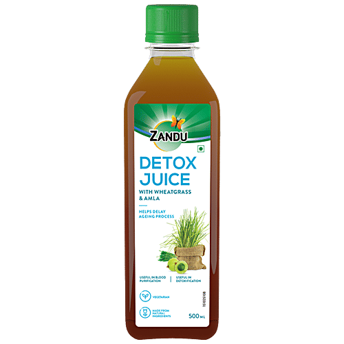 Zandu Detox Juice - Wheatgrass & Amla, Vegetarian, Helps Delay Ageing Process, Purifies Blood, 500 ml Bottle 