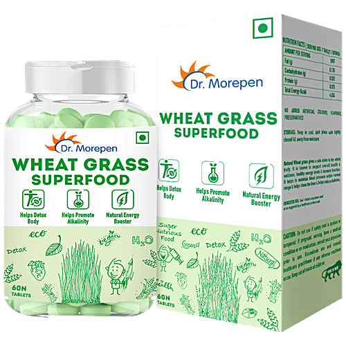 Dr. Morepen Wheat Grass Superfood Tablet - 1000 mg, Helps Detox Body, Promotes Alkalinity & Boosts Energy, 60 pcs  