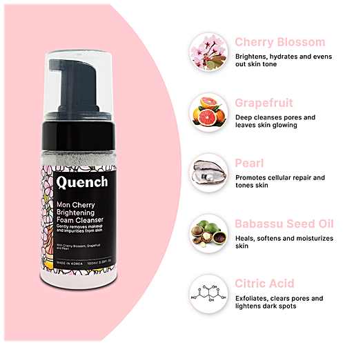 Quench Botanics Mon Cherry Brightening Foam Cleanser - Cherry Blossom, Removes Makeup & Impurities, 100 ml