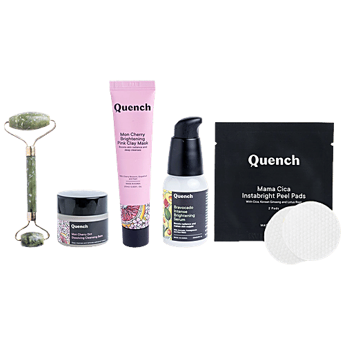 Quench Botanics Way To Glow Kit - Cleansing Balm, Peel Pads, Pink Clay Mask, Brightening Serum & Moisturizing Gel, 5 pcs  