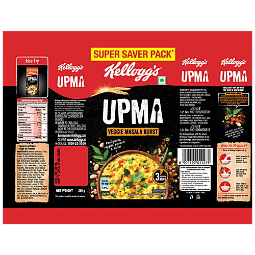 Kellogg's Upma - Veggie Masala Burst, With Real Grains, Peanuts & Pulses, Breakfast Cereal, 260 g  