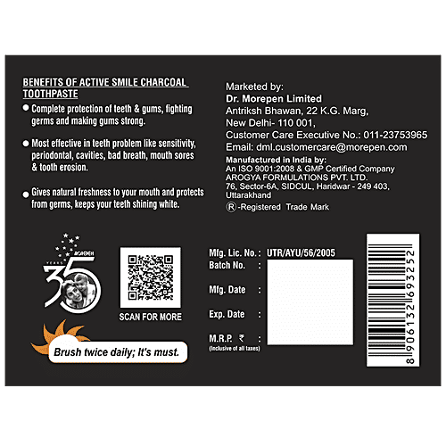 Dr. Morepen Active Smile Teeth Whitening Toothpaste - Charcoal, Removes Bad Breath, For Oral Care, Mint, 100 g