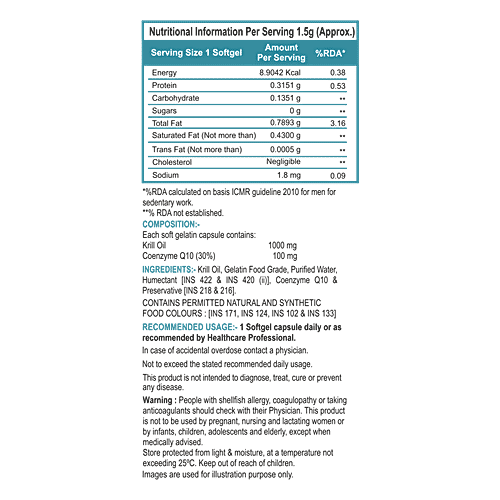 Dr. Morepen Krilliq Krill Oil Softgels Capsules - 1000mg, With CoenZyme Q10, For Healthy Heart, Brain, Liver & Skin, 30 pcs