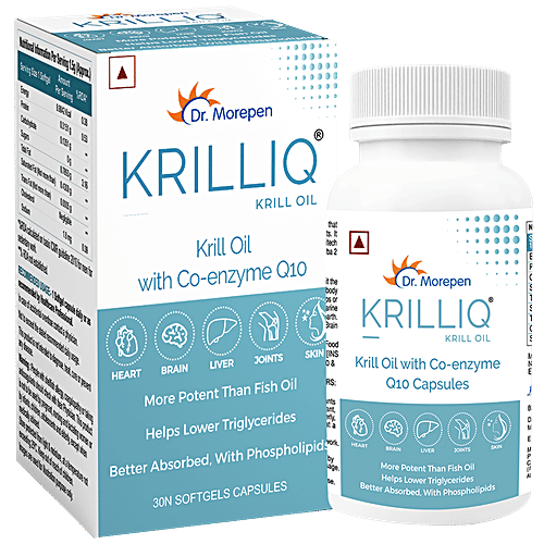 Dr. Morepen Krilliq Krill Oil Softgels Capsules - 1000mg, With CoenZyme Q10, For Healthy Heart, Brain, Liver & Skin, 30 pcs
