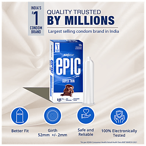 Manforce Condoms Epic Desire - Super Thin Premium Condoms, For Men, Silk Chocolate Flavour, Disposable Pouch, 10 pcs  