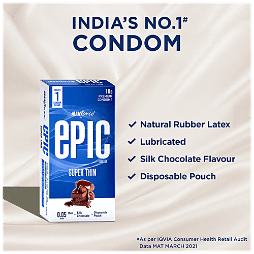 Manforce Condoms Epic Desire - Super Thin Premium Condoms, For Men, Silk Chocolate Flavour, Disposable Pouch, 10 pcs  