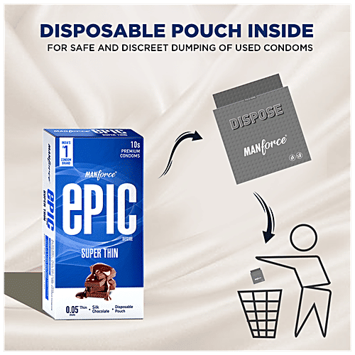 Manforce Condoms Epic Desire - Super Thin Premium Condoms, For Men, Silk Chocolate Flavour, Disposable Pouch, 10 pcs  