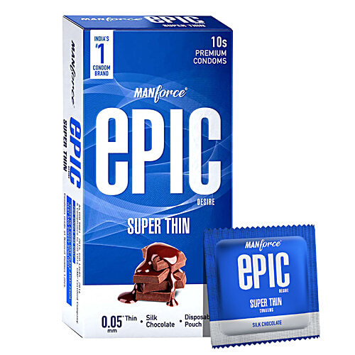 Manforce Condoms Epic Desire - Super Thin Premium Condoms, For Men, Silk Chocolate Flavour, Disposable Pouch, 10 pcs  