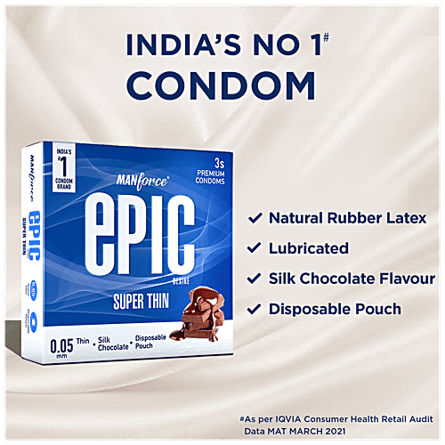 Manforce Condoms Epic Desire - Super Thin Premium Condoms, For Men, Silk Chocolate Flavour, Disposable Pouch, 3 pcs  